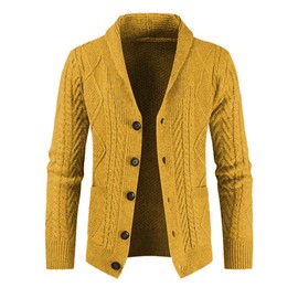 JMIERR Men's Cardigan Sweaters Fall Casual Long Sleeve Shawl Collar Button-Down Wool Blend Cable Knit Sweater with Pockets,XL,D Yellow