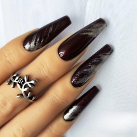 Wine Red Press on Nails Silver Glitter Designs Fake Nails Extra Long Coffin Shaped False Nails Bling Acrylic Nails Full Cover Sparkly Stick on Nails for Women Nail Art DIY 24 Pcs