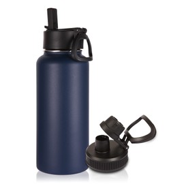 Volhoply Botella de agua aislada de 32 onzas con tapa con popote y tapa de boquilla,botella de agua deportiva de acero inoxidable,vacío de doble pared,metal a prueba de fugas(azul marino,1)
