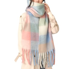 MININAI Chunky Winter Scarfs for Women Cold Weather Warm Knit Thick Plaid Scarf Long Large Oversized Checked Scarves (Pastel)