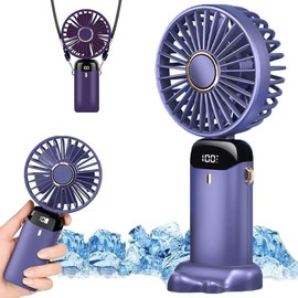 jiangler Portable Handheld Fan with Base and Lanyard USB Rechargeable Folding Small Fan 5 Speed Settings with LED Power Display Compact Cooling Fan for Office Bedroom Outdoor Travel Camping Hiking Perfect Birthday Christmas Holiday Gift - Colour: Dark bl