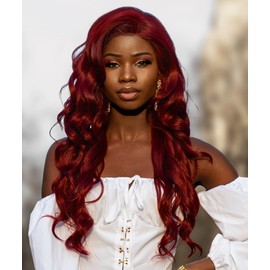 LUXLUXE Asana Wavy 26 Inch 7x4 Women's Lace Front Wig, Heat Resistant Fiber, 20+ Shades of Natural, Dip Dyed, Highlight Colors (#530 - Deep Red)