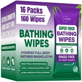 OPTEEL Super Thick Bathing Wipes for Adults Bathing No Rinse – Full Body Shower Wipe, Ideal for Men, Women & Elderly – Extra Large & Soft Travel Wipes Perfect Alternative to Shower – 16 Packs (160ct)