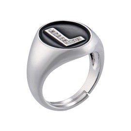Silver Initial Letter Ring | Black Enamel Cubic Zirconia Signet Ring | Adjustable Statement Rings for Women Prom Cocktail Costume Jewelry (Letter L, Adjustable(6#-8#))