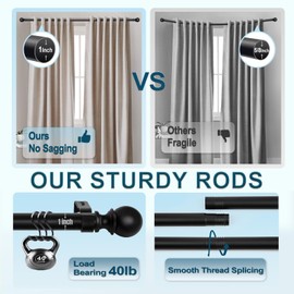 TEAKMAMA 1 Inch Curtain Rods for Windows, Adjustable Decorative Outdoor Heavy Duty Curtain Rod for Patio with Ball Finials, 32"-168", Black