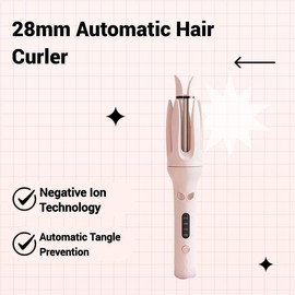 Automatic Hair Curling Iron, 28mm Rotating Hair Curler for Home, Negative Ion Automatic Hair Curl Wand, with 4 Modes Temperatures for Women Hairstyles, Valentine's Day Gift, Automatic Hair Curler, Hair Products:_Baby Pink_one-size