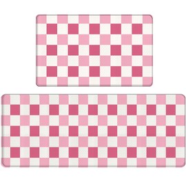 Bulijojo Pink Plaid Anti Fatigue Kitchen Floor Mats Set of 2 Waterproof Kitchen Sink Runner Rug Standing Mat Cushioned Kitchen Rugs Comfort Doormat 17"x47"+17" x30“