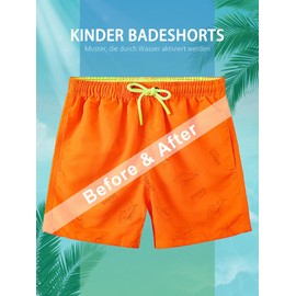 SERENYOU Boys' Board Shorts Children's Pattern Changing Swimming Shorts with Mesh Lining, shark neon orange, Ages 9 - 10