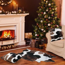 Amylove 3 Pcs Include 1 Faux Cowhide Print Rug and 2 Cow Pillowcase Set Winter Faux Cowhide Rug Faux Animal Cow Hide Carpet Mat Cowhide Print Pillows for Living Room Bedroom Western Decorations