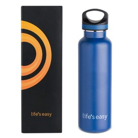 LIFE'S EASY 20 oz. Sports Insulated Water Bottle with Lid. Stainless Steel Vacuum Double Wall Thermo for Modern Hot and Cold Drinks, Simple Metal Hydro Canteen for Travel Men and Women (Blue)