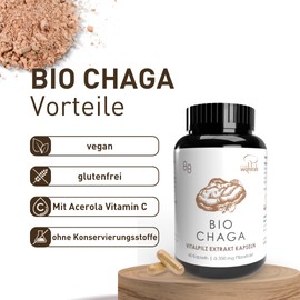 Pilze Wohlrab - Organic Chaga Mushroom Capsules - Chaga Extract Capsules - Pack of 60 - Organic Acerola Vitamin C - Vital Mushroom Extract