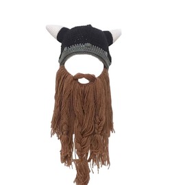 WUODHTW Men's Head Barbarian Vagabond Beanie Long Beard Viking Knit Hat Bull Horn Handmade Knit Warm Ski Cap Funny Party hat