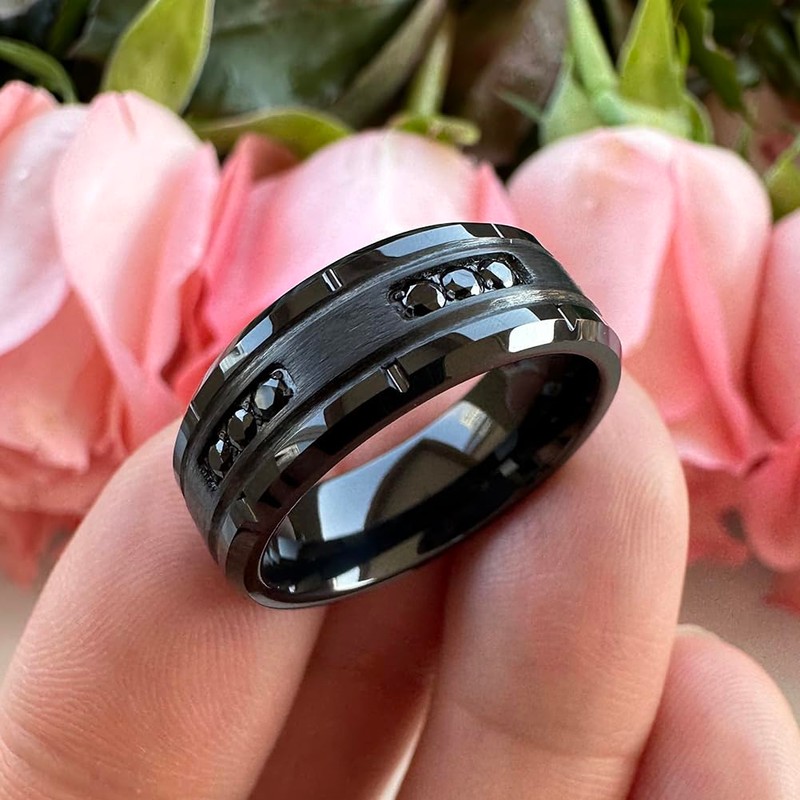TUTISS 8mm Black Tungsten Rings for Men Women Eternity Engagement