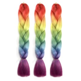 24 Inch Jumbo Braiding Hair Extensions - Silky Kanekalon Synthetic Fiber, 3pcs Colorful Twist Braids, Soft & Healthy (Rainbow)