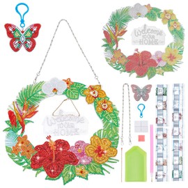 PH PandaHall Diamond Art Painting Wreath DIY Hanging Diamond Art Pendant Kit Hanging Sign Diamond Art Painting Crystal Wreath Kits Weclome Home for Door Window Wall Decoration 18 x 19 cm