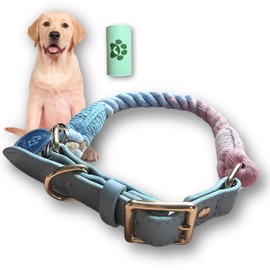 Pawtopia Cotton Rope Collar for Large Dogs, Vegan Leather Handle (Light Blue) with One Complimentary Roll of Dog Poop Bags (15 Bags), Durable Metal Buckle (Soft Rainbow, Large), Give Back