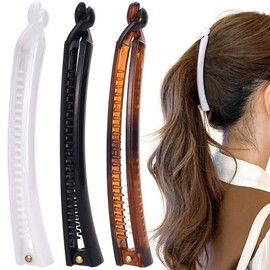 Mxxipp 3pcs French Banana Clips, Non-Slip Classic Large Hairstyle Claws, Fish Shaped Double Combs Hair Holder for Women Curly Straight Long Thick Thin Hair- White & Black & Tortoise Shell