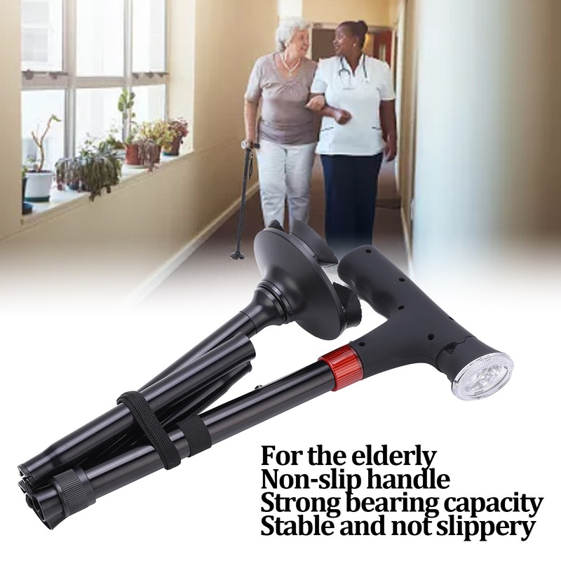 Aluminum Alloy Folding Light Cane Elderly Four‑legged with Lamp Non‑slip