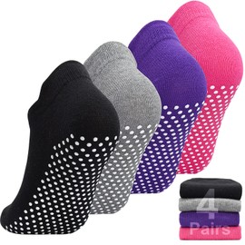 GRPSKCOS Pilates Yoga Socks Women, 4 Pairs Non Slip Barre Home Hospital Barefoot Workout Grip Slipper Socks (Assorted - 4 Pairs, M(5-8))