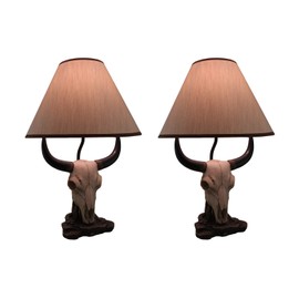 Set of 2 Cattle Ranch Bovine Cow Skull Decorative Table Lamps with Fabric Shades