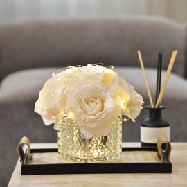 YSZL Artificial Rose in Glass Vase Vintage Silk Flower Arrangement with LED Light for Table Centerpiece Home Wedding Decoration (Cream)