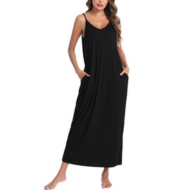 Marvmys Womens Long Cotton Nightgowns Spaghetti Strap Pajama Dress Sleeveless Nightshirt Lounge Dress with Pockets Black