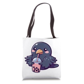 Cute Kawaii Chibi Crow Drinking Boba Tea Tote Bag