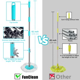 Stainless Steel Extendable Mop Handle with 2 Microfiber Replacement Heads & 360° Rotating Base Plate — Fits Standard Mop Buckets -White