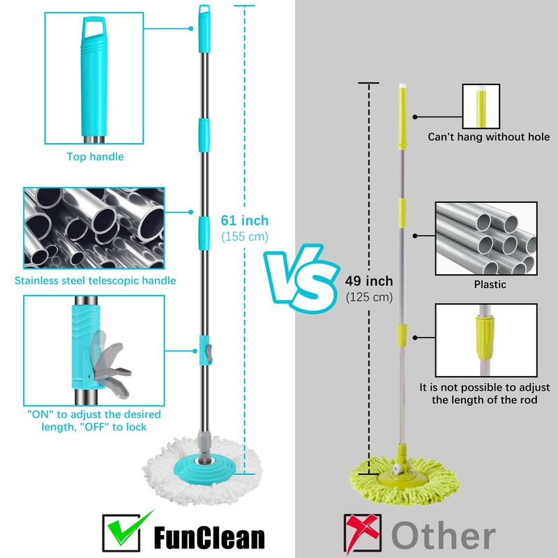 Stainless Steel Extendable Mop Handle with 2 Microfiber Replacement Heads