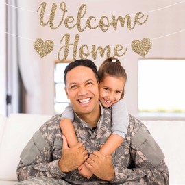 Pre-Strung Welcome Home Banner - NO DIY - Gold Glitter Script Welcome Home Banner - Pre-Strung on 6 ft Strand - Housewarming, Homecoming, & Military Return Party Decorations. Did we mention no DIY?
