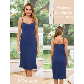 Vlazom Petticoats for Under Dress, Long Lace Women's Full Slips Soft Modal Nighties Basic Underskirt for Dresses with Adjustable Straps Navy Blue,L