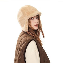 Clakllie Warm Bomber Aviator Pilot Hat with Brim Fuzzy Ear Flaps Winter Trapper Hat for Men Ushanka Russian Trooper Hat Thick & Soft Faux Fur Hunting Snow Skiing Eskimo Outdoor Hat Cold Weather