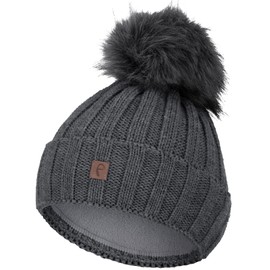 Faera Bobble Hat Women's Lined Winter Hat Knitted Hat Girls Fleece Lining Beanie 79, charcoal