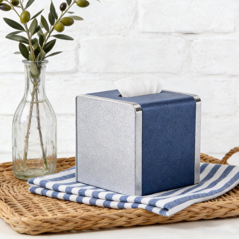 Blue Tissue Box Cover Square with Magnetic Closure, PU Leather