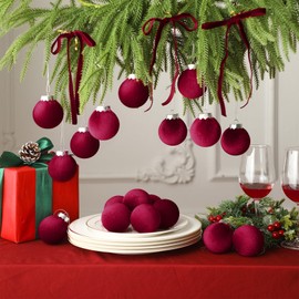 Syhood 37 Pcs Christmas Velvet Ornaments Decor Kit Include 18 Christmas Tree Velvet Balls 18 Vintage Velvet Bows 5.5 Yard Velvet Ribbon for Holiday Xmas Tree Decor (Wine Red)