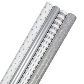 JAM Paper Assorted Gift Wrap - Premium Holiday Wrapping Paper Set - 100 Sq Ft Total - Everything Silver - 4 Rolls/Pack