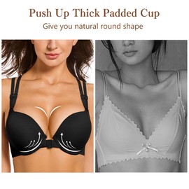 Upushall Women's Push Up Front Closure Bra Thick Padded Seamless Criss-Cross Back Underwire Bra Add Two Cup Black 36B