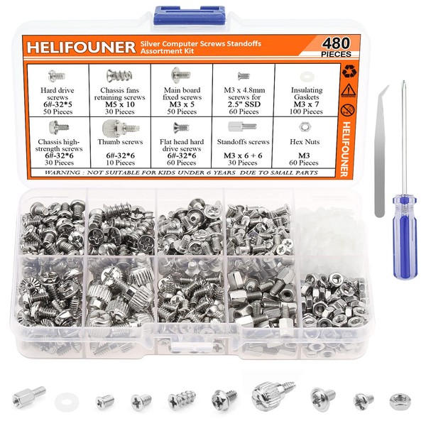 HELIFOUNER 480 Pieces Computer Standoffs Screws Assortment Kit for 2.5"