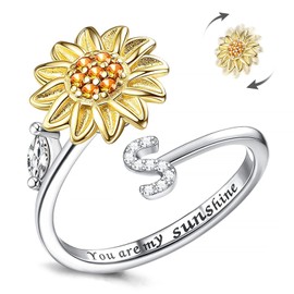 Kucheed Fidget Rings for Women, Sunflower Adjustable Size Spinner Ring, Silver Stackable Stress Relief Anti-Anxiety Letter Finger Circle, Engraved 'You Are My Sunshine'Inside the Jewelry Rings(S)