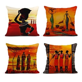 ArtSocket Set of 4 Linen Throw Pillow Covers Oil Painting African Art Ethnic Tribe Lady Livingroom Lips Decorative Pillow Cases Home Decor Square 18x18 inches Pillowcases