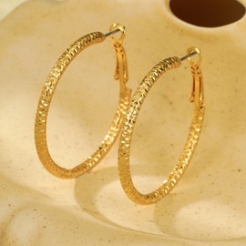 Texture Gold Hoop Earrings for Women Trendy 30mm Chunky Thick Hoop Earrings Big Statement Hoop Jewelry for Birthday Party, Brass, No Gemstone