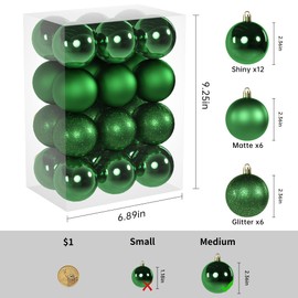 UNIVEGET 24ct Christmas Ball Ornaments Set for Xmas Tree Decorations Shatterproof Balls Holiday Party Wedding Wreath DIY Garland Decor with Hooks Medium Size(2.36"/ 60mm) Christmas Green