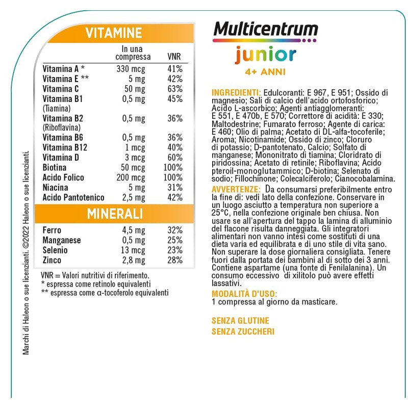 Multicentrum Junior Integratore alimentare Multivitaminico Completo, apporto completo formulato per
