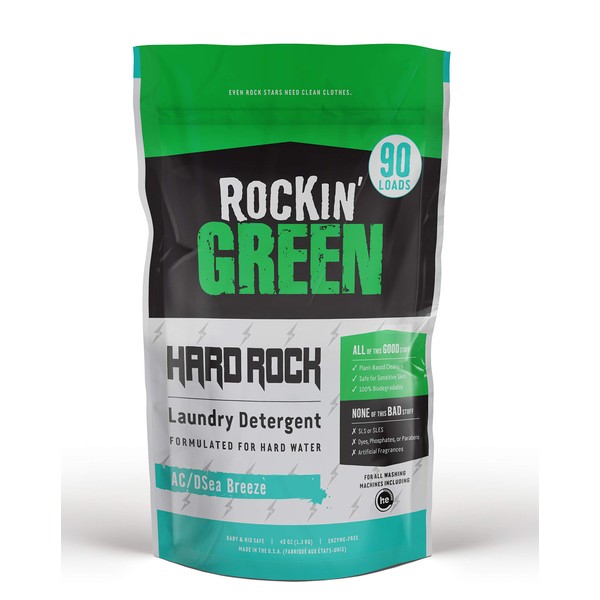 Rockin' Green Laundry Detergent, Plant Based, All Natural Laundry Detergent Powder, Vegan and Biodegradable Odor Fighter, Safe for Sensitive Skin (Hard Rock 90 Loads - AC/DSea Breeze)