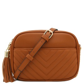 FashionPuzzle Chevron Quilted Crossbody Camera Bag with Chain Strap and Tassel (Tan)