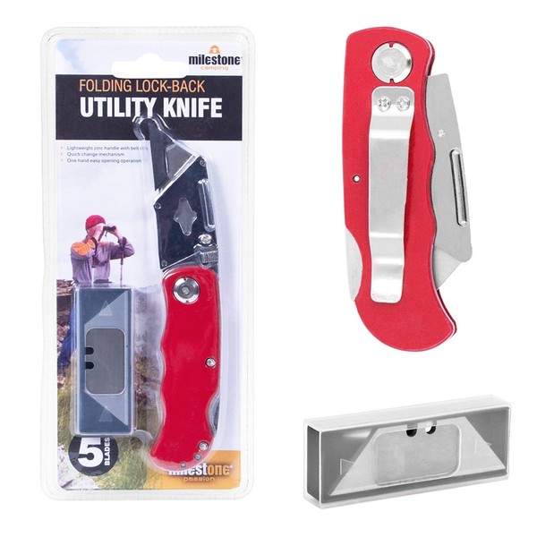 Milestone Camping 15080 Folding Lock-Back Utility Knife Belt Clip 5 Spare Blades , Red