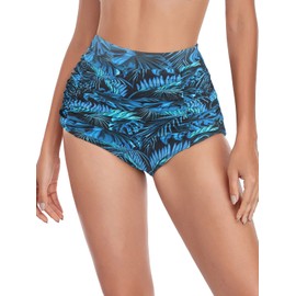 Ocean Blues Women's Blue Leaf High Waisted Bikini Bottom Full Coverage Swim Bottom Size XX-Large