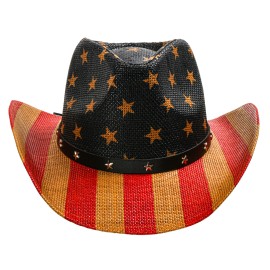 GIFTSHOP101 Blue Red Cowboy Hat with USA Flag Curved Brim for Party and Costume