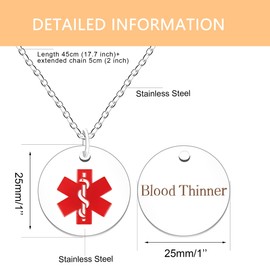 Zircobic Medical Alert Necklaces for Unisex, White stainless steel Blood Thinner Medical ID Jewelry Gift for Father's Day Mother's Day (Blood)