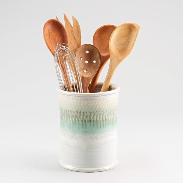 Georgetown Pottery Handmade Kitchen Utensil Holder Ivory and Green Oribe,